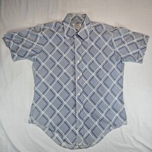 Vintage Venture Mens Blue White Geometric Diamond Print Short Sleeve Shirt Large